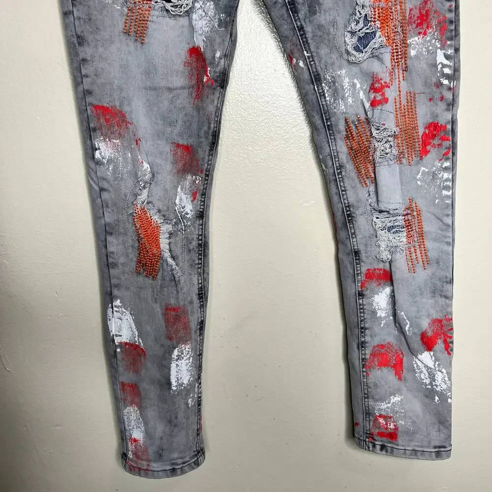 Switch Remarkable Jeans 34x30 Mens Slim Tapered Destroyed Paint Drip Streetwear